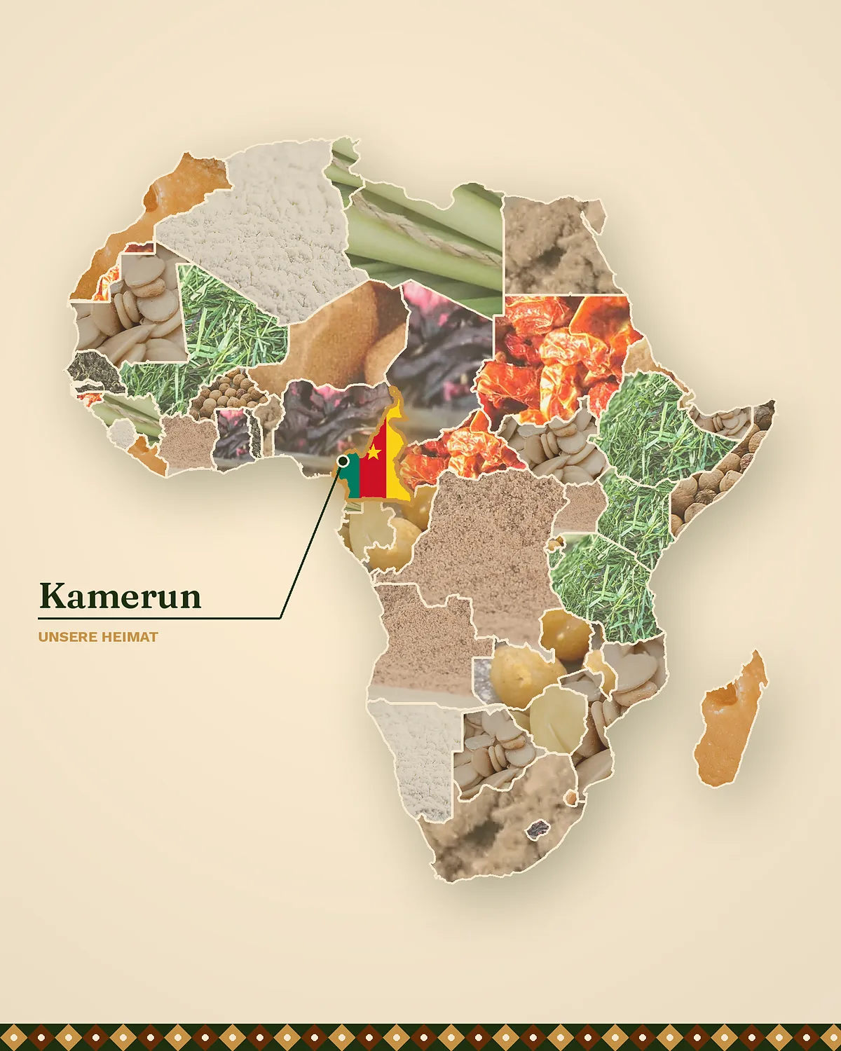 Karte Afrikas aus Gewürzen und Rohstoffen, Kamerun in den Landesfarben hervorgehoben